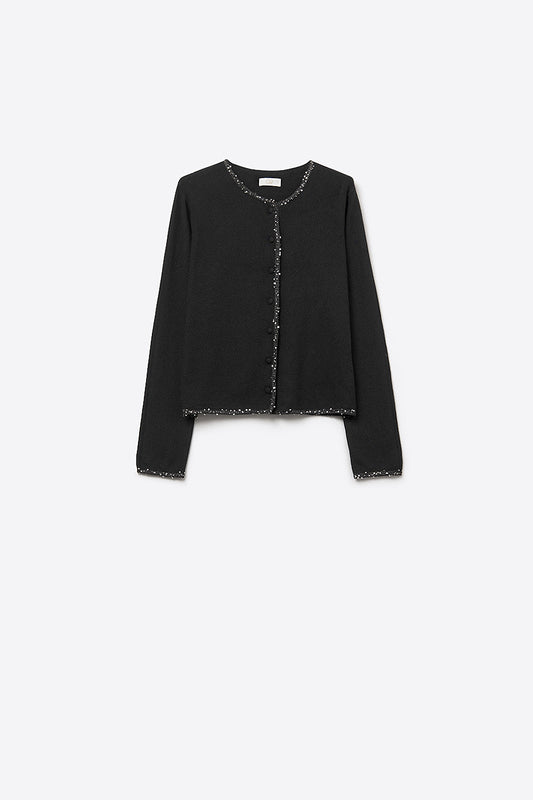 Q2 cardigan noir en maille fine avec détails en strass