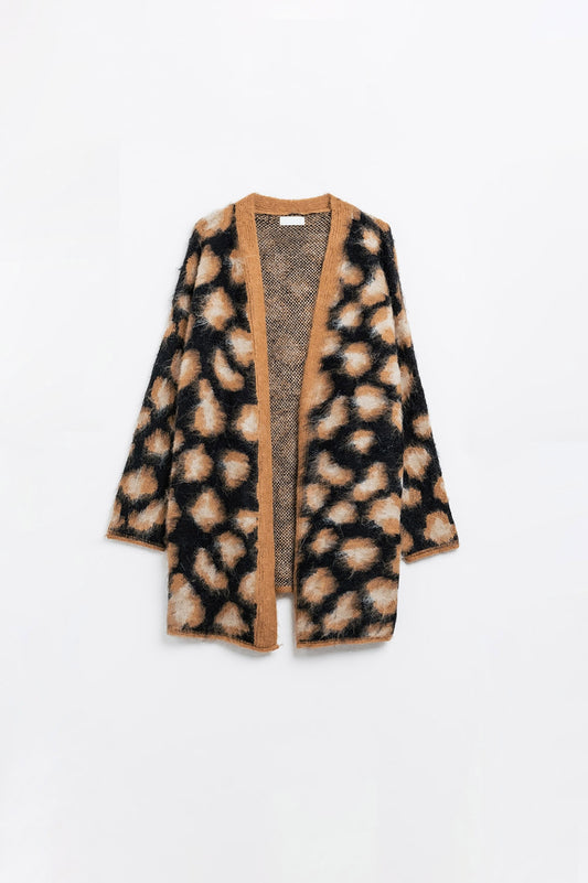 Q2 cardigan noir imprimé léopard en tissu tricoté avec de la laine