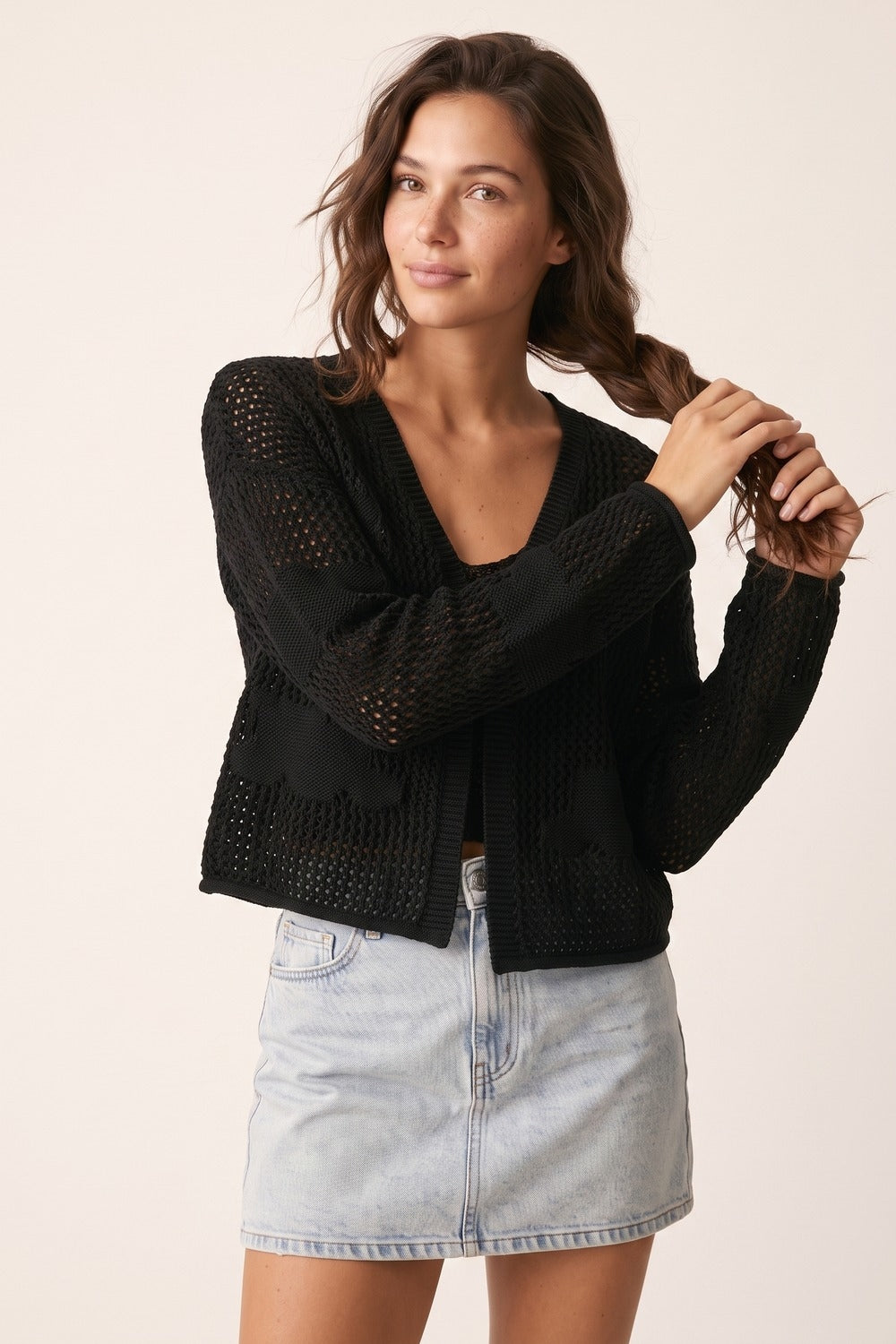 Cardigan noir ouvert en maille avec détail patch et coupe décontractée en V