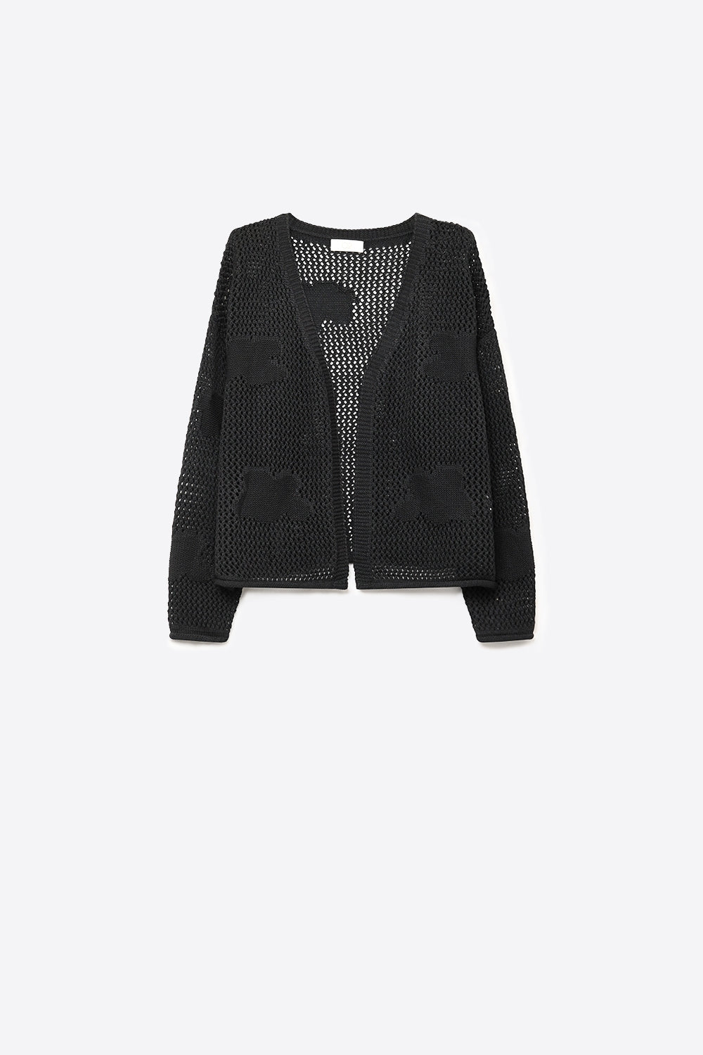 Q2 Cardigan noir ouvert en maille avec détail patch et coupe décontractée en V