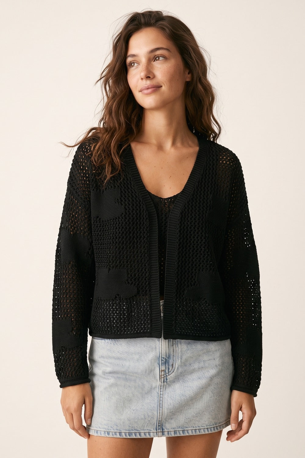 Cardigan noir ouvert en maille avec détail patch et coupe décontractée en V