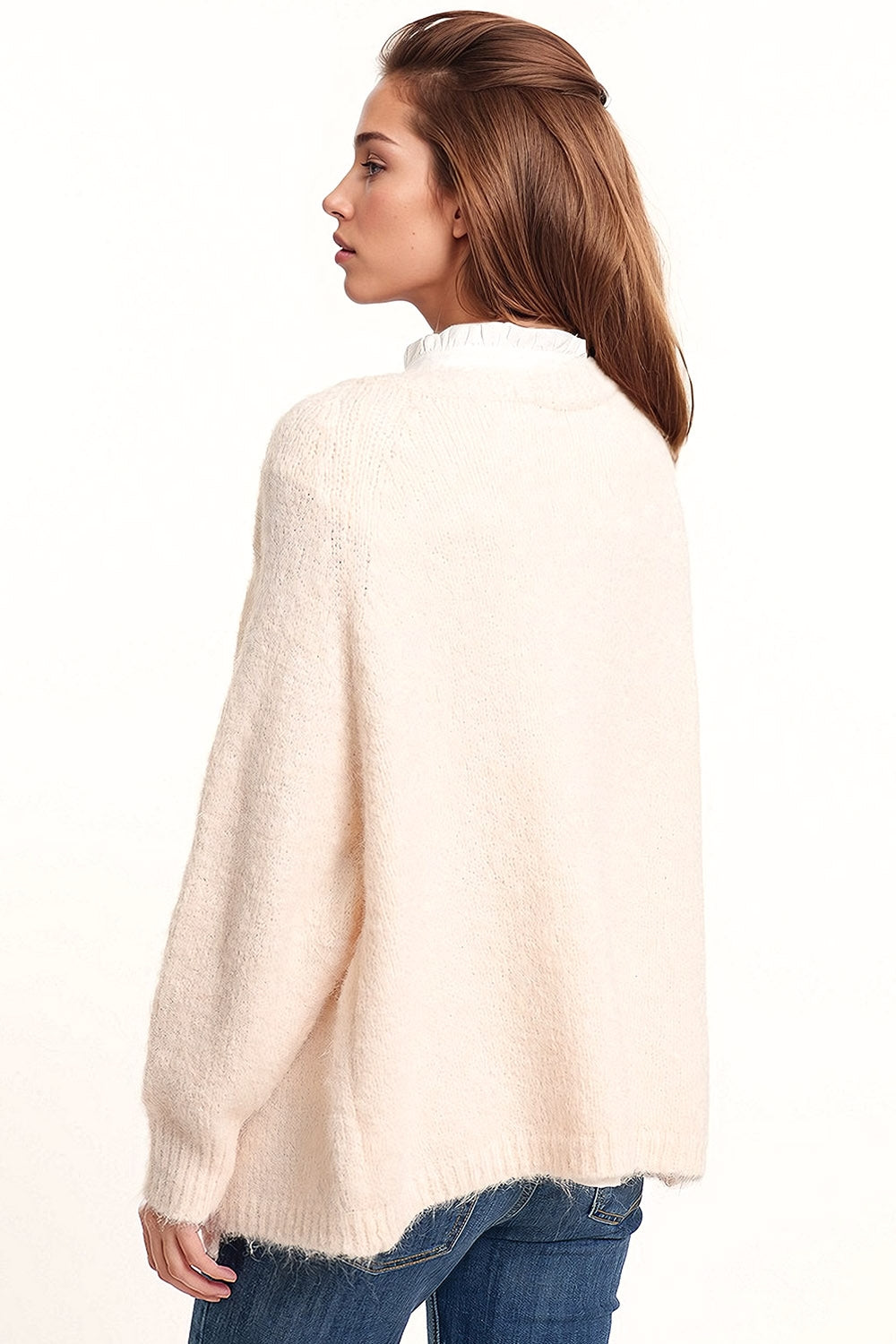 Cardigan ouvert en maille duveteuse surdimensionnée en blanc avec bord-côte aux extrémités et aux poignets