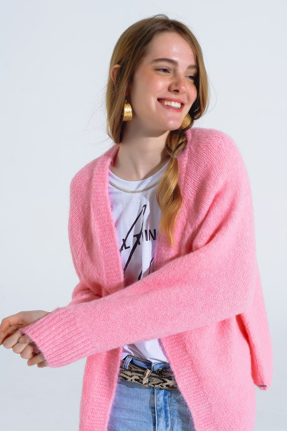 Cardigan ouvert surdimensionné en maille duveteuse rose avec bord-côte aux extrémités et aux poignets