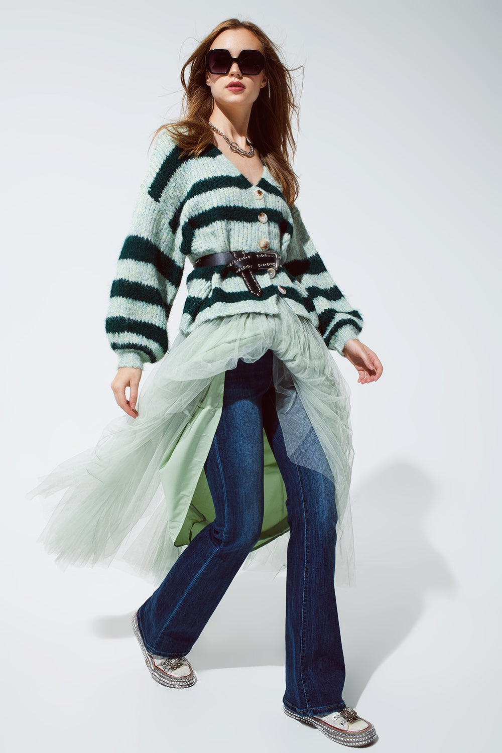 Cardigan oversized Super Fluffy au Motif Vert Rayé