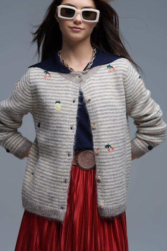 Q2 Cardigan rayé à col ras du cou avec fruits brodés en beige