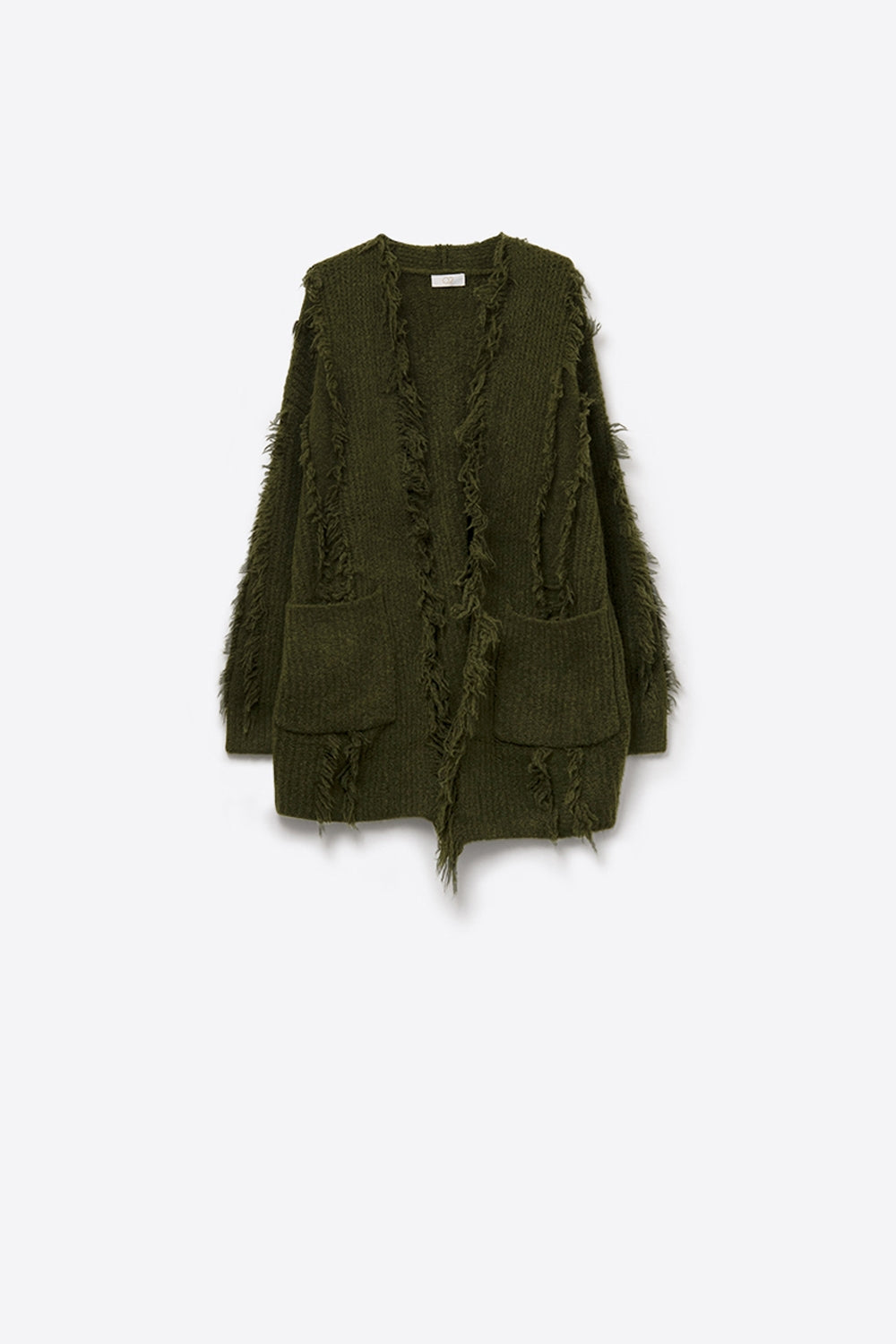 Q2 Cardigan vert forêt Boho Distressed avec poches avant