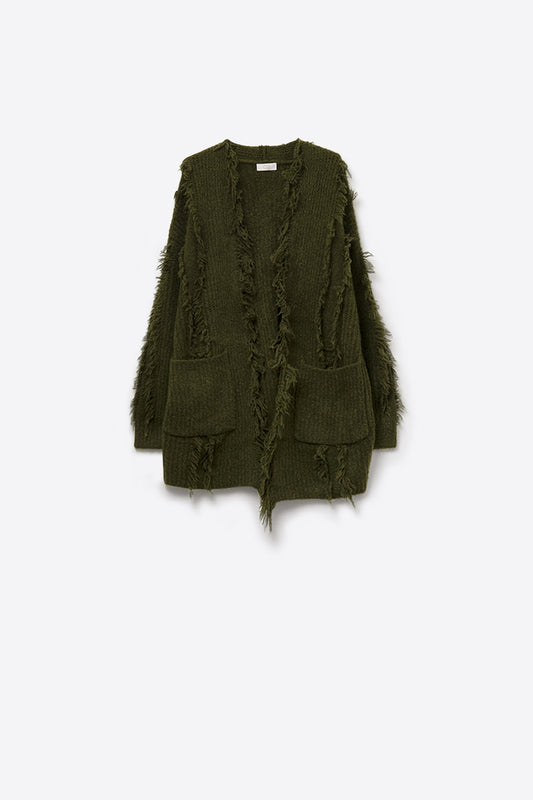Q2 Cardigan vert forêt Boho Distressed avec poches avant