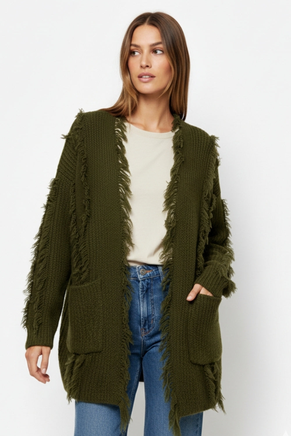Cardigan vert forêt Boho Distressed avec poches avant