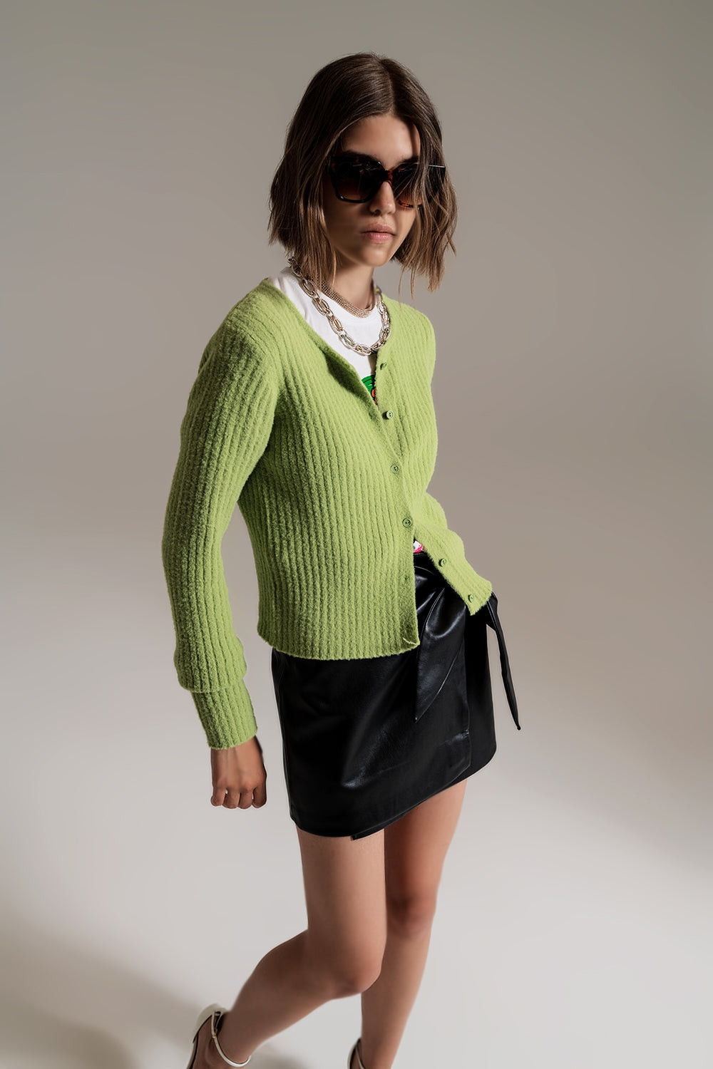 Q2 cardigan vert super doux en tricot moelleux