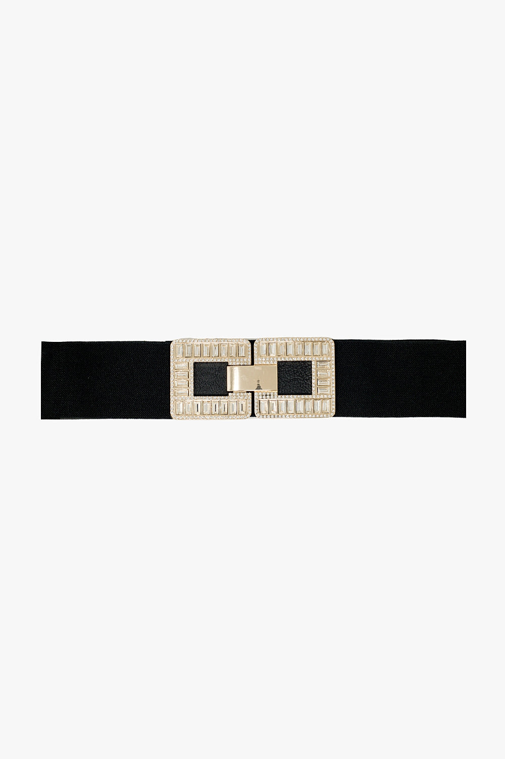 Q2 Ceinture élastique noire avec une boucle carrée à double fermeture en strass et en métal.