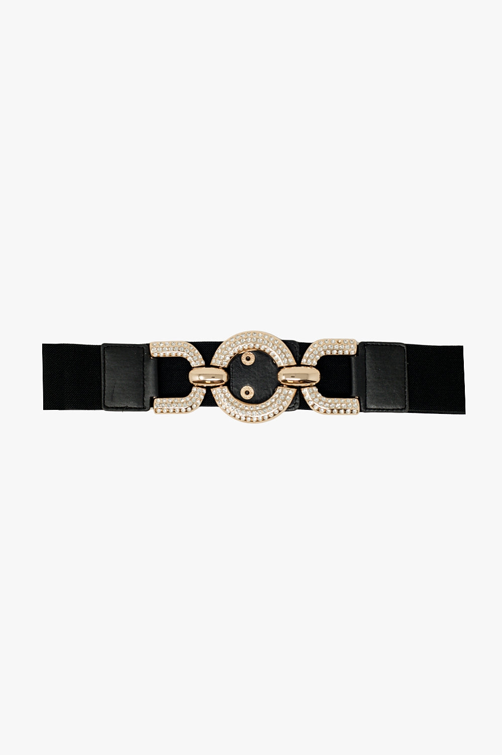 Q2 Ceinture élastique noire étroite avec incrustation de strass en cercle.