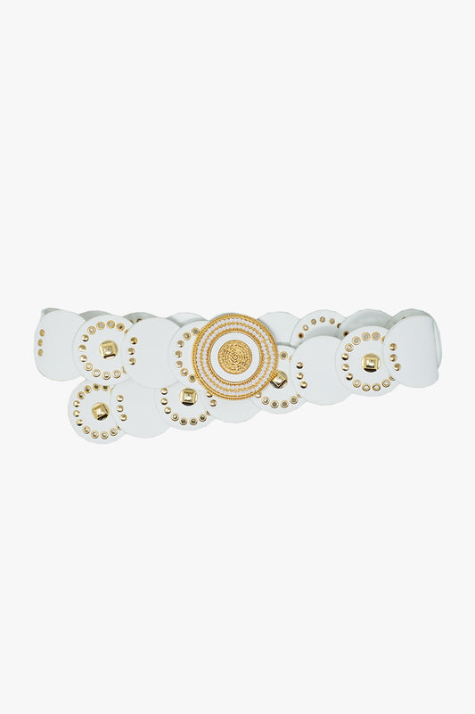 Q2 Ceinture en cuir blanc avec boucle ronde en strass blanc et détails dorés