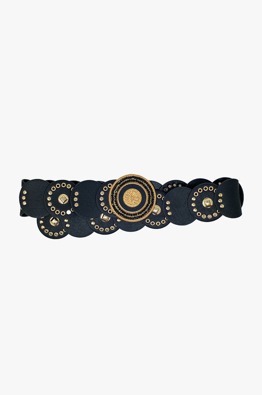 Q2 Ceinture en cuir noir avec boucle ronde en strass noir et détails dorés