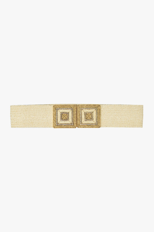 Q2 Ceinture épaisse tissée beige avec boucle carrée aux détails dorés