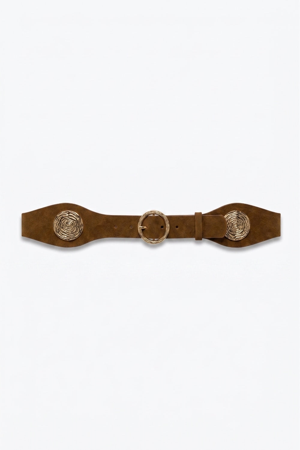 Q2 Ceinture large en daim marron avec boucle dorée en spirale