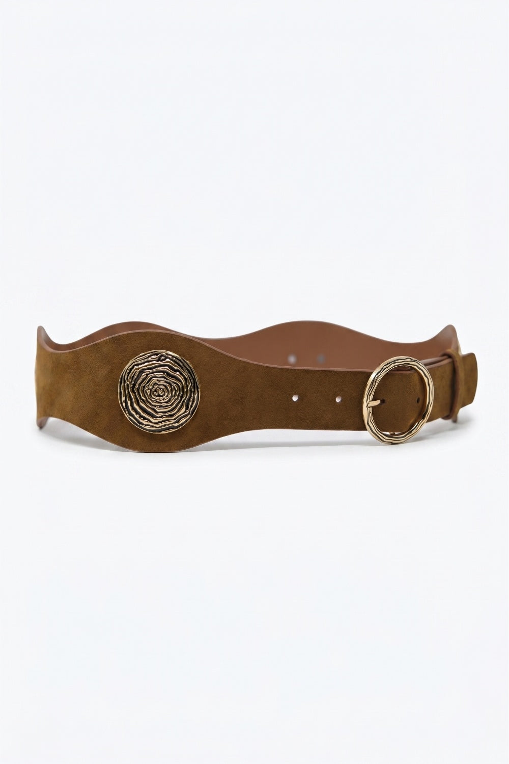 Ceinture large en daim marron avec boucle dorée en spirale
