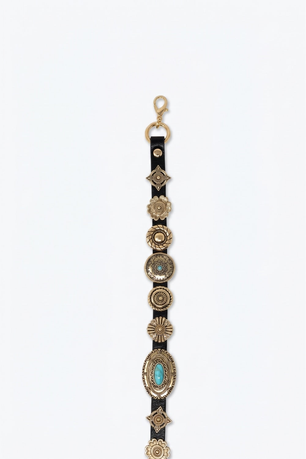 Ceinture occidentale noire en simili cuir avec chaîne en or et médaillon turquoise