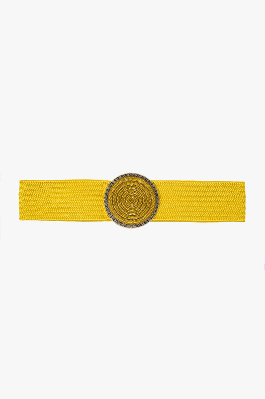 Q2 Ceinture tissée jaune avec boucle ronde avec strass