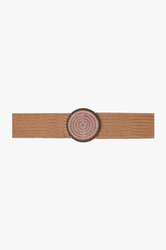 Q2 Ceinture tissée rose avec boucle ronde avec strass