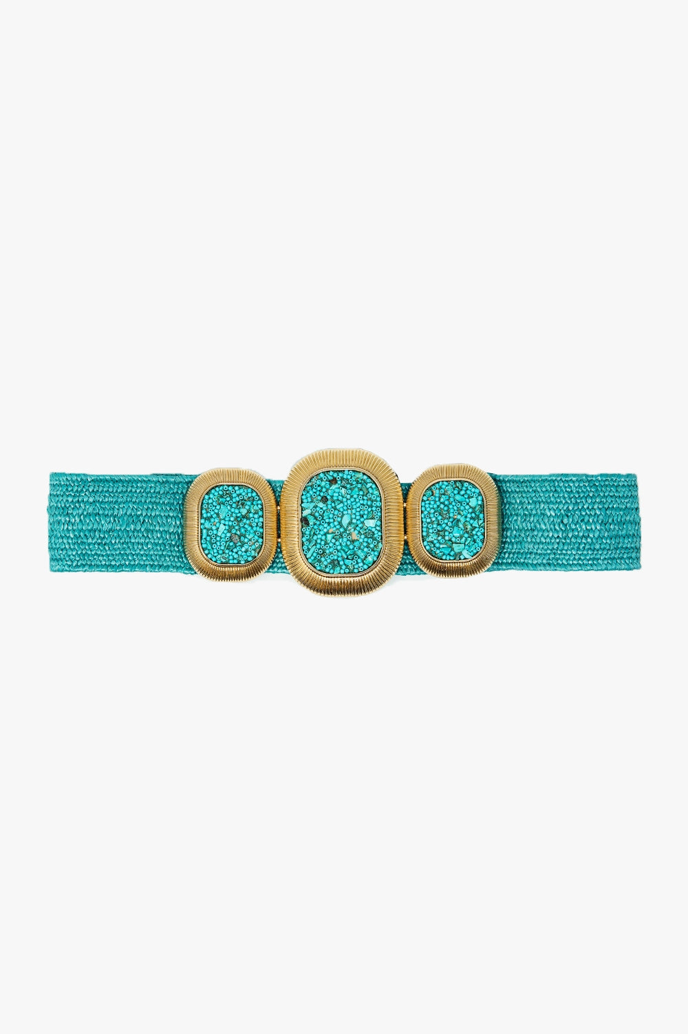 Q2 Ceinture tissée turquoise avec boucle rectangulaire et perles