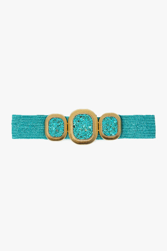 Q2 Ceinture tissée turquoise avec boucle rectangulaire et perles