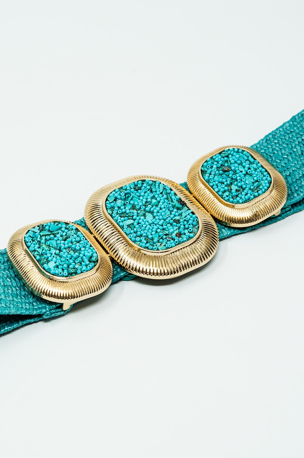 Ceinture tissée turquoise avec boucle rectangulaire et perles