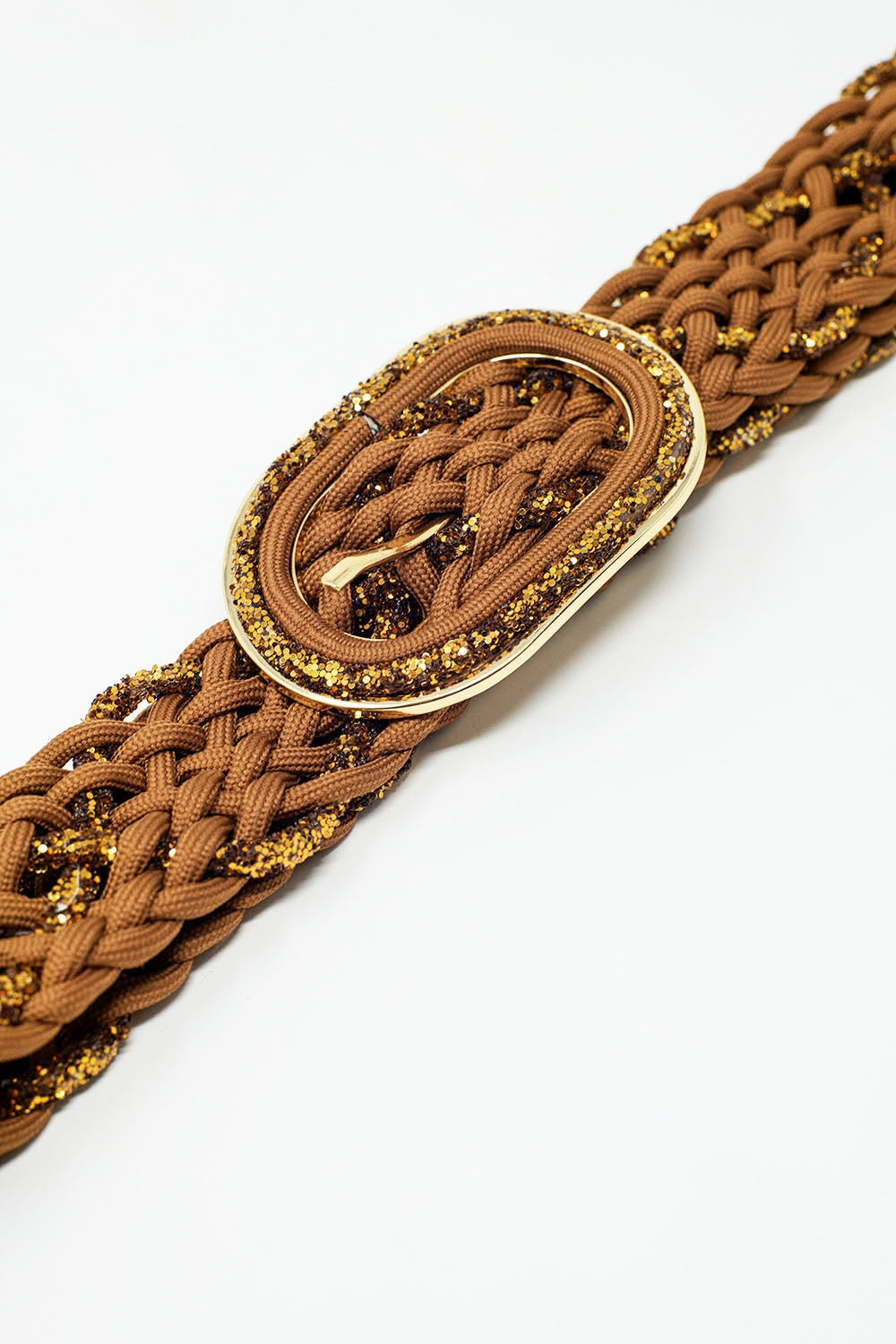 Ceinture tressée marron avec fil d'or entrelacé et boucle ovale