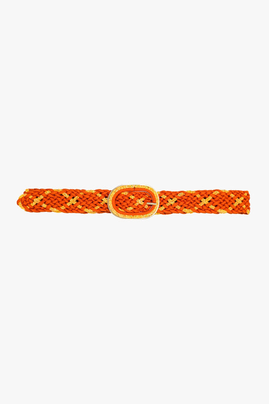 Q2 Ceinture tressée orange avec fil d'or entrelacé et boucle ovale