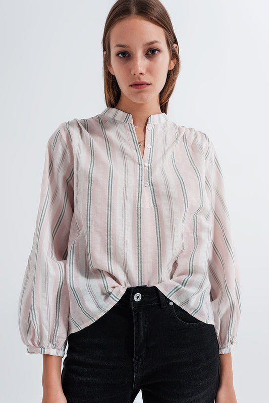 Q2 Chemise à col grand père Rayures roses