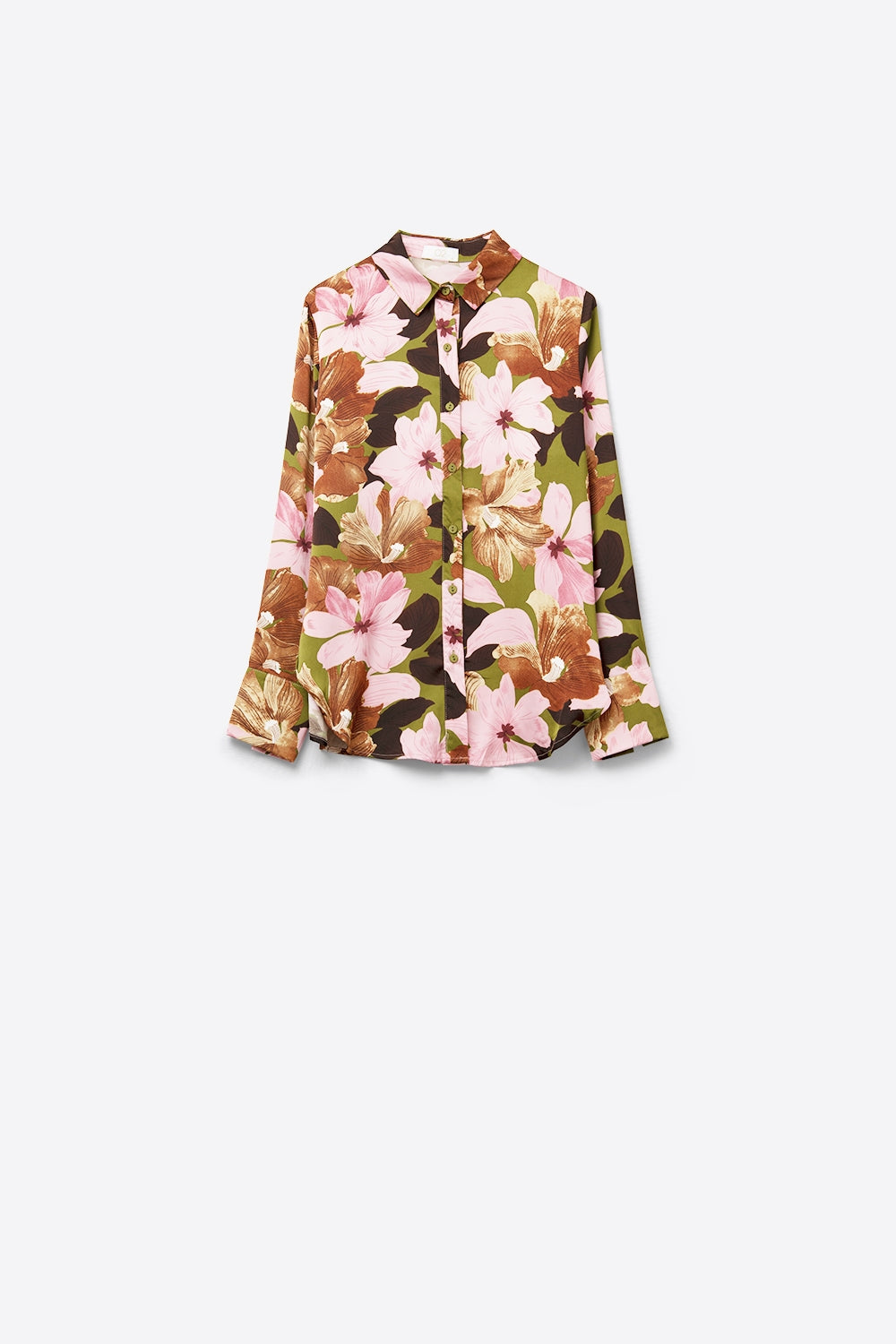 Chemise à fleurs tropicales en satin vert olive