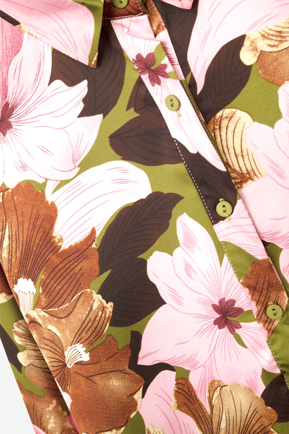 Chemise à fleurs tropicales en satin vert olive