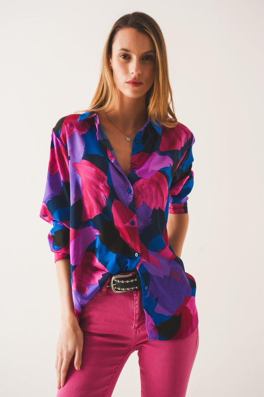 Q2 Chemise à imprimé floral grunge violet