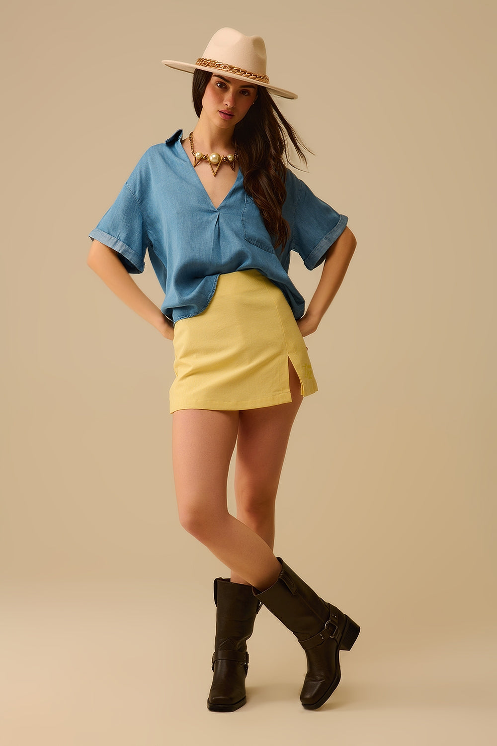 Chemise à manches courtes en tencel avec poche poitrine en bleu