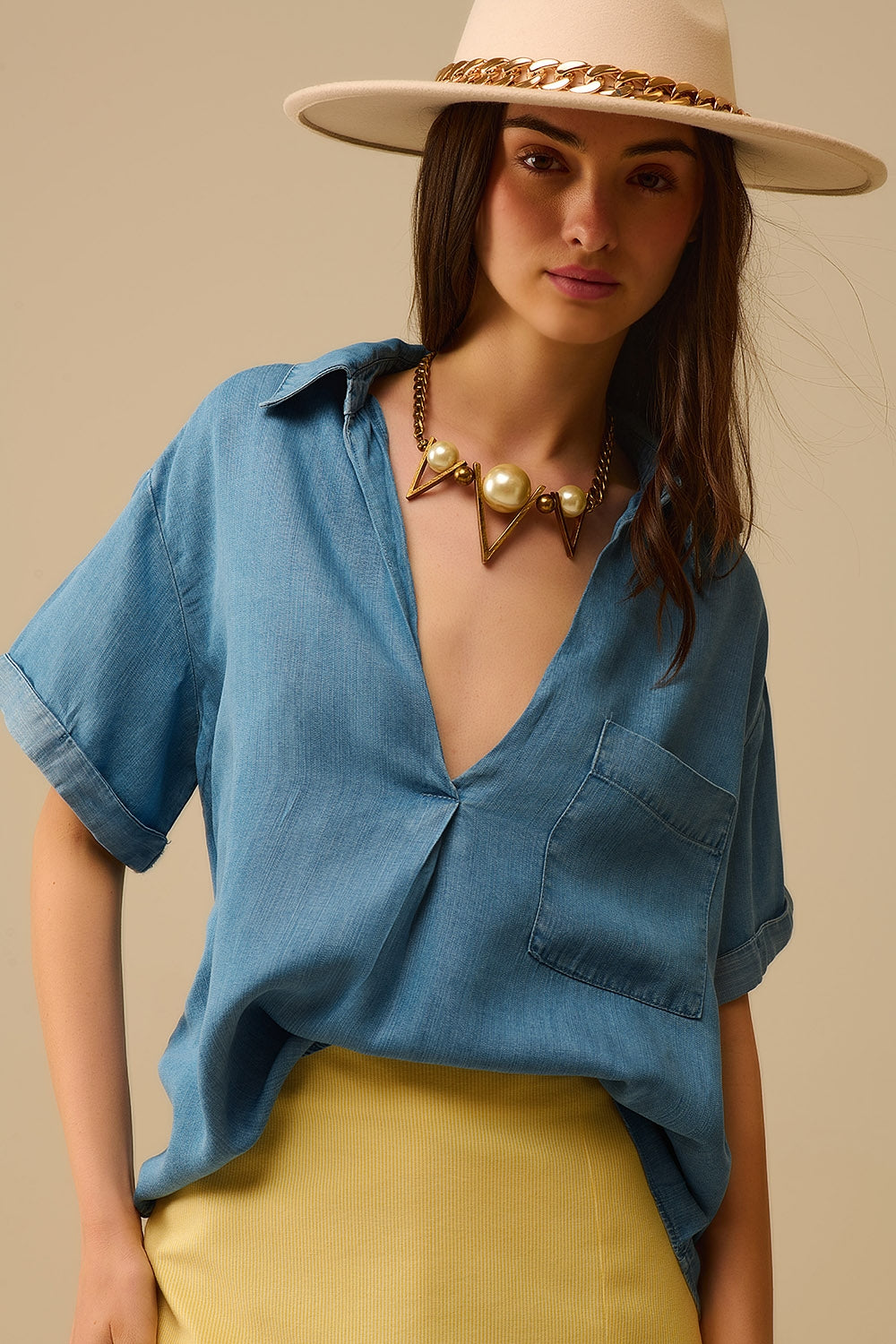 Chemise à manches courtes en tencel avec poche poitrine en bleu