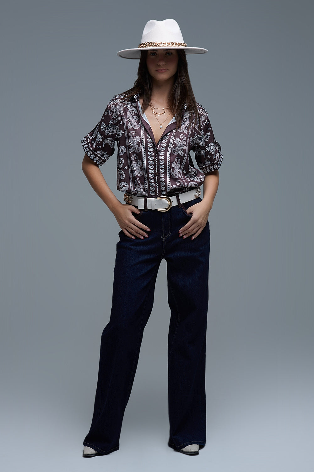 Chemise à manches courtes imprimée Paisley marron