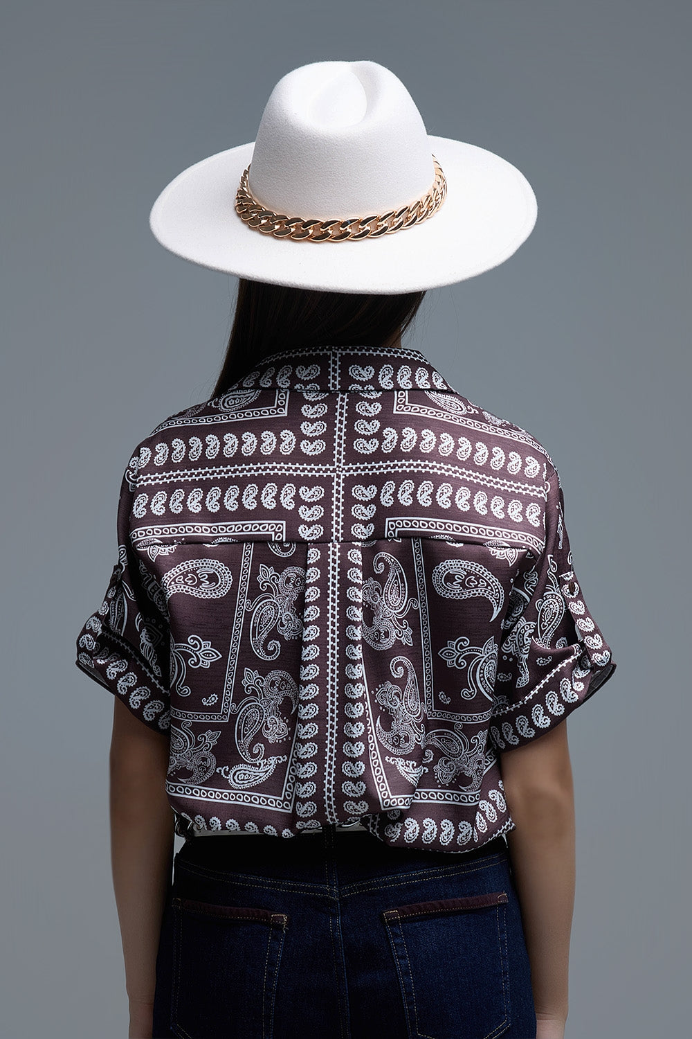 Chemise à manches courtes imprimée Paisley marron