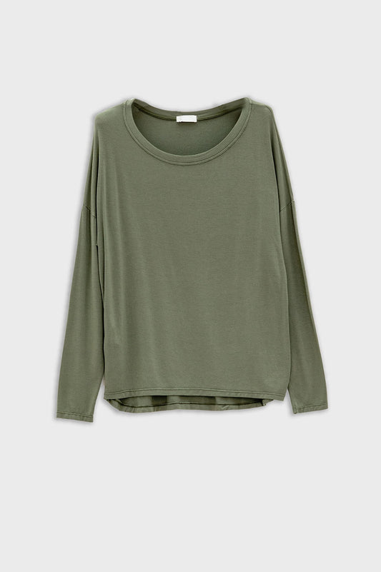 Q2 Chemise à manches longues en modal col bateau couleur kaki
