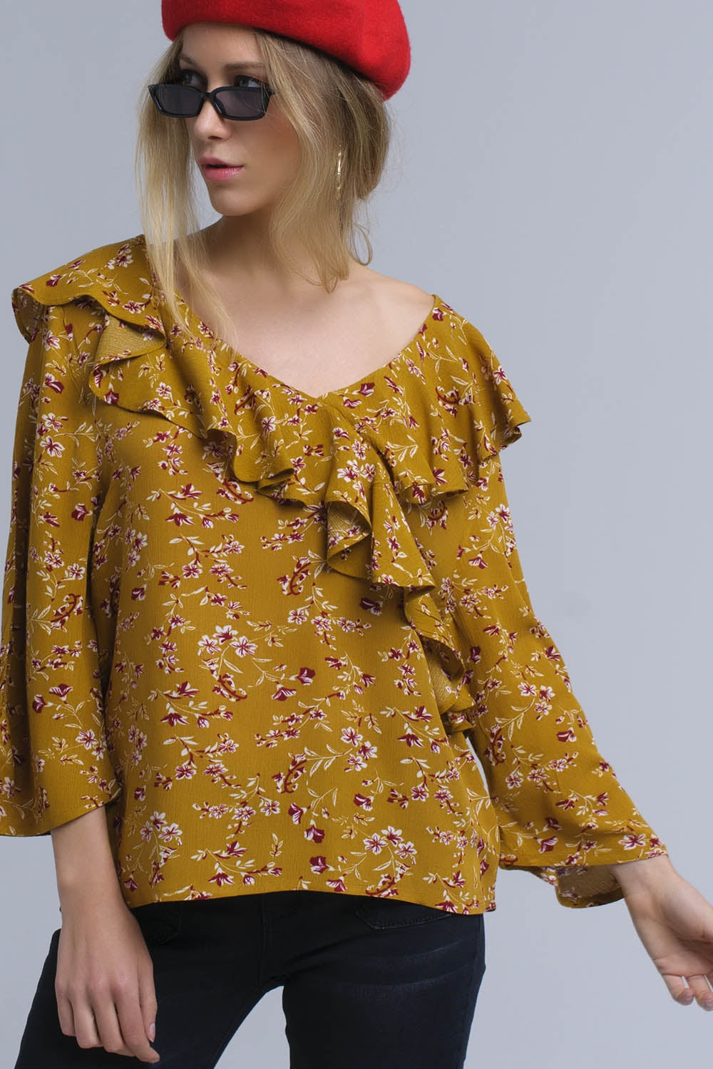 Chemise à volants croisés à la moutarde