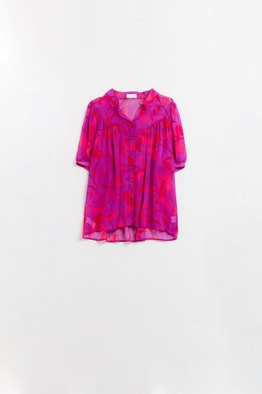 Q2 Chemise abstraite à manches courtes en rose et rouge