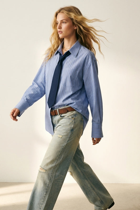 Q2 Chemise ample à rayures bleu clair à boutons