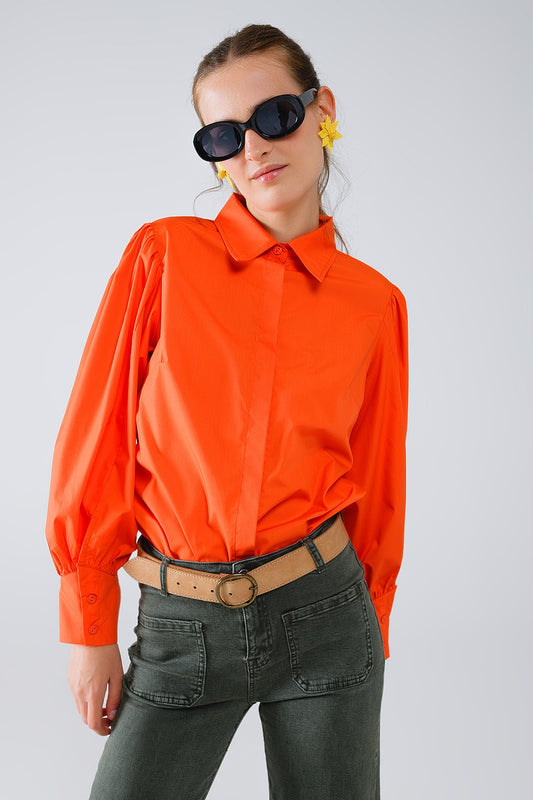 Q2 Chemise basique en popeline orange à manches longues ballon