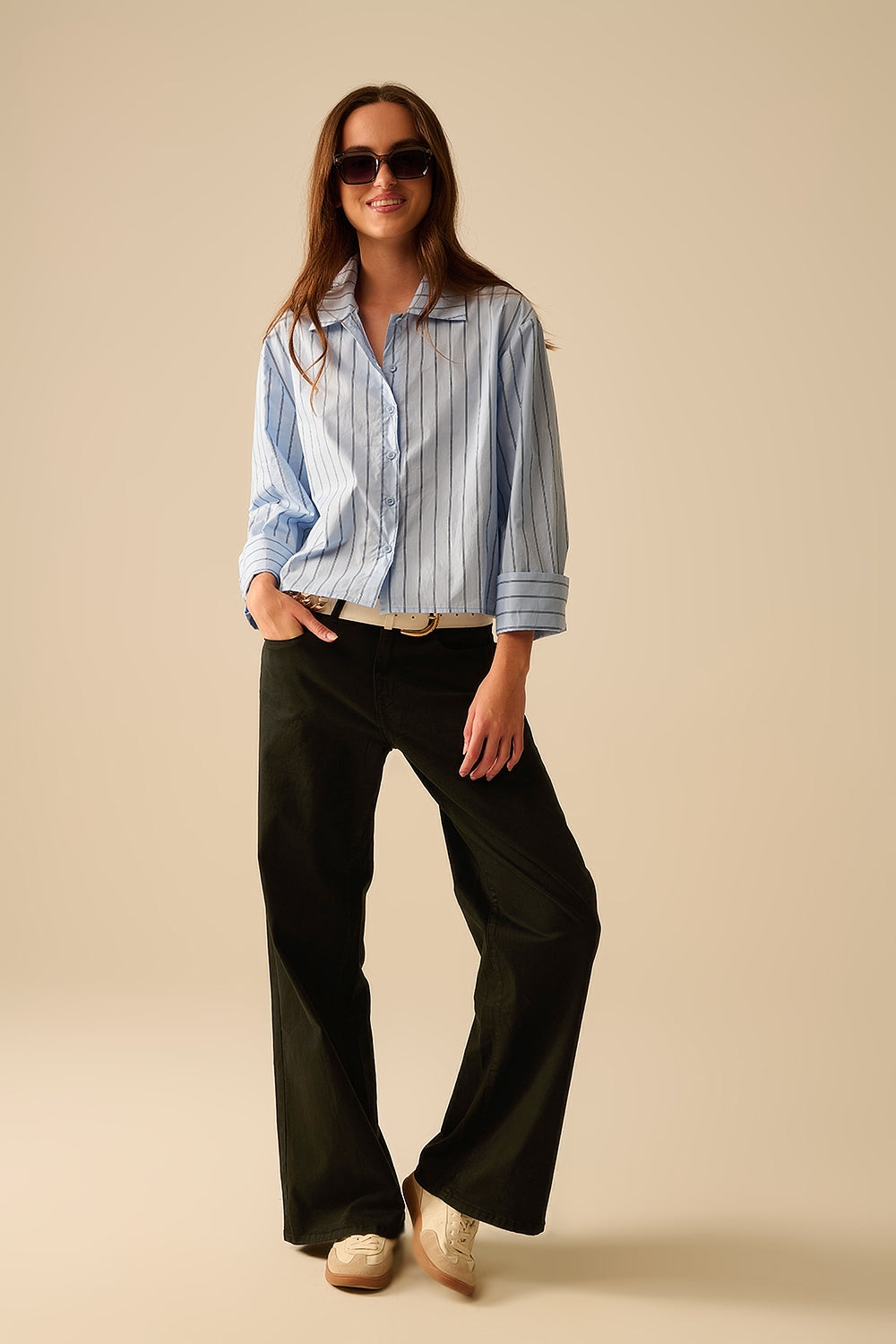 chemise courte en popeline rayée bleue
