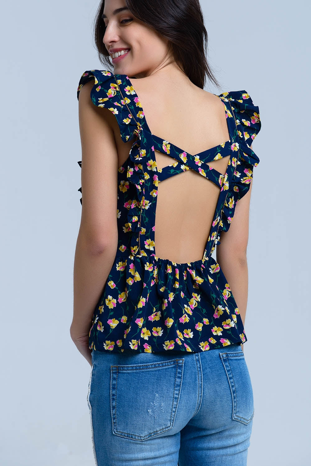 Q2 Chemise croisée bleu marine à volants