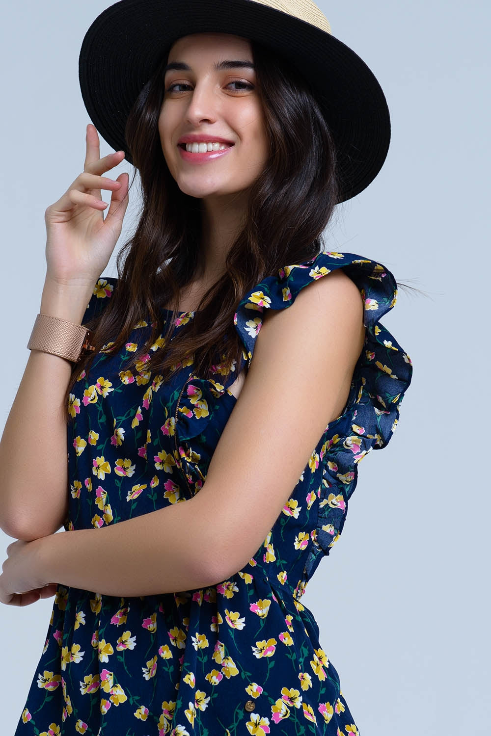 Chemise croisée bleu marine à volants
