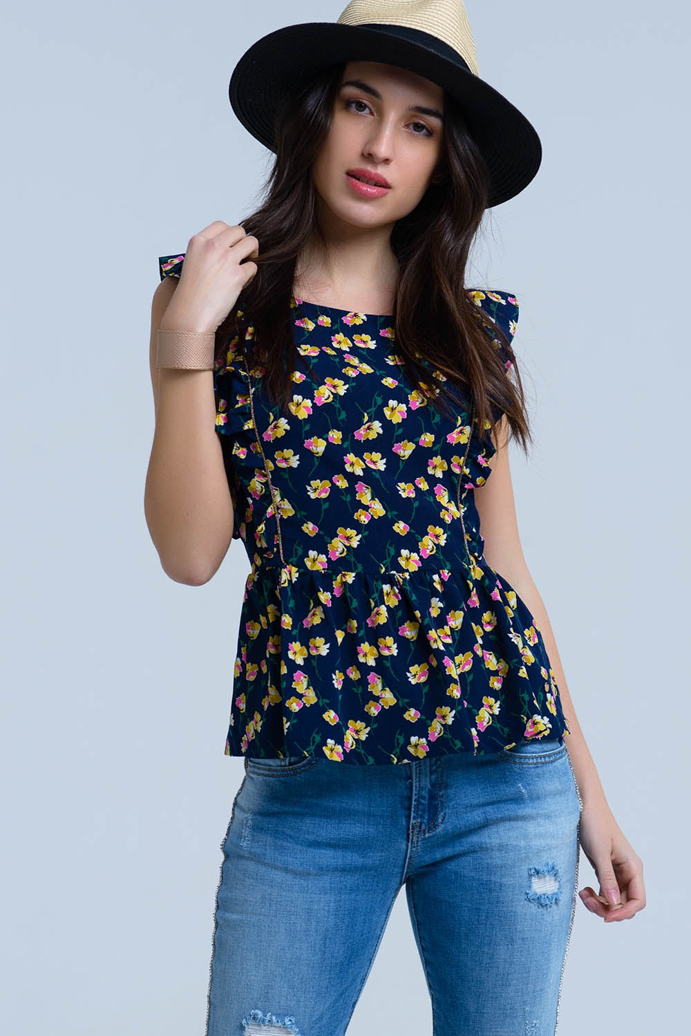 Chemise croisée bleu marine à volants