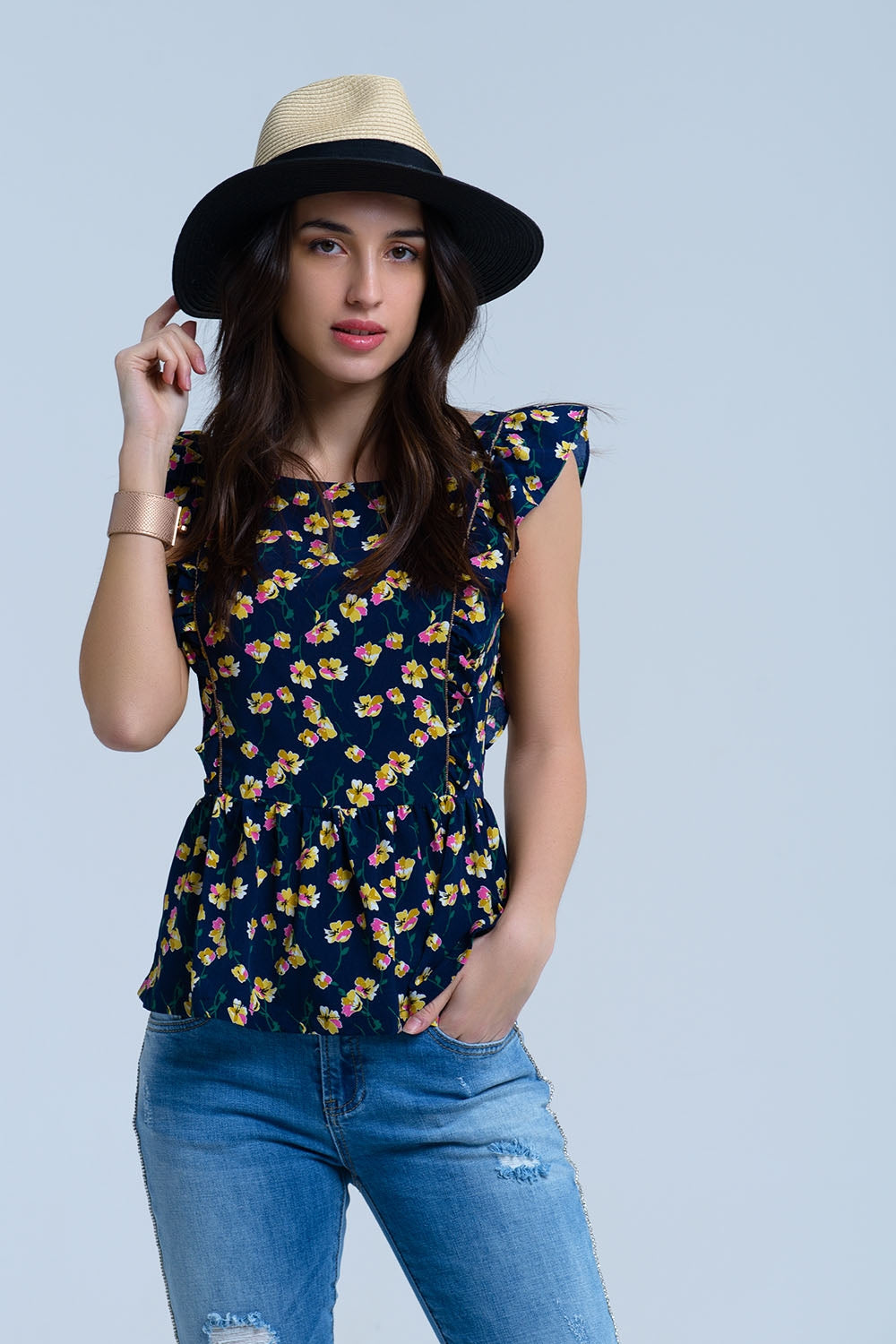 Chemise croisée bleu marine à volants
