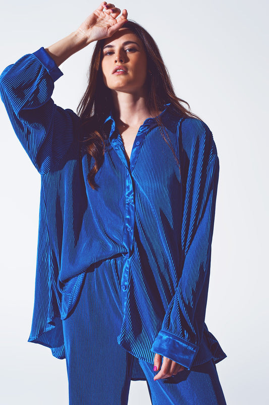 Q2 Chemise décontractée en satin plissé en bleu