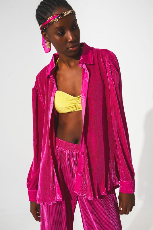 Q2 Chemise décontractée en satin plissé en fuchsia