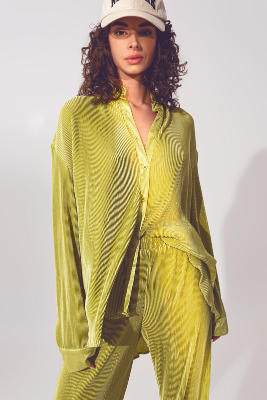 Q2 Chemise décontractée en satin plissé en vert