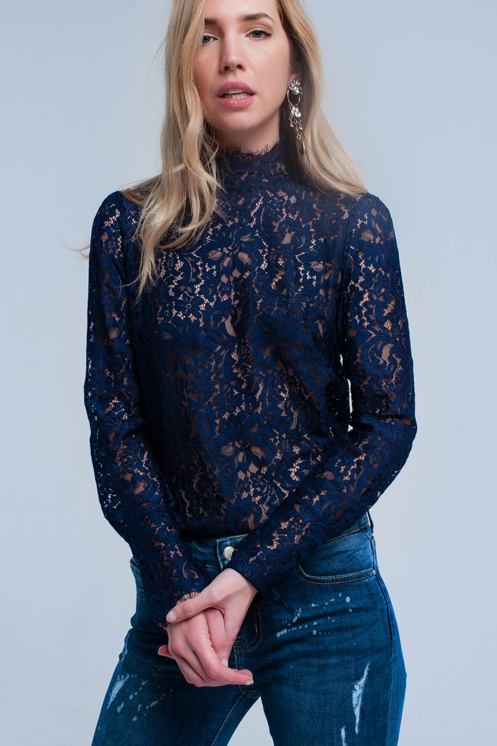 Q2 Chemise en dentelle bleu marine
